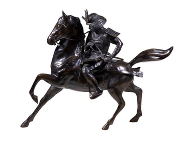 LARGE JAPANESE BRONZE SCULPTURE OF SAMURAI ON HORSE