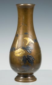 JAPANESE MIXED METAL BRONZE VASE WITH MORNING GLORIES