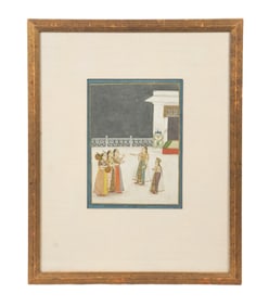 RAJASTHANI GOUACHE MINIATURE ON WASLI DEPICTING PALACE LADIES