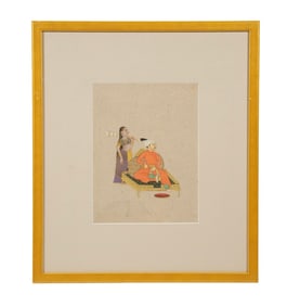 INDIAN MINIATURE PAINTING OF A RAJA AND ATTENDANT, LATE 19TH C.