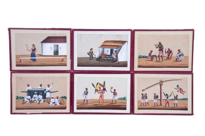 (12) INDIAN FOLK PAINTINGS DEPICTING OCCUPATIONS AND DAILY LIFE SCENES