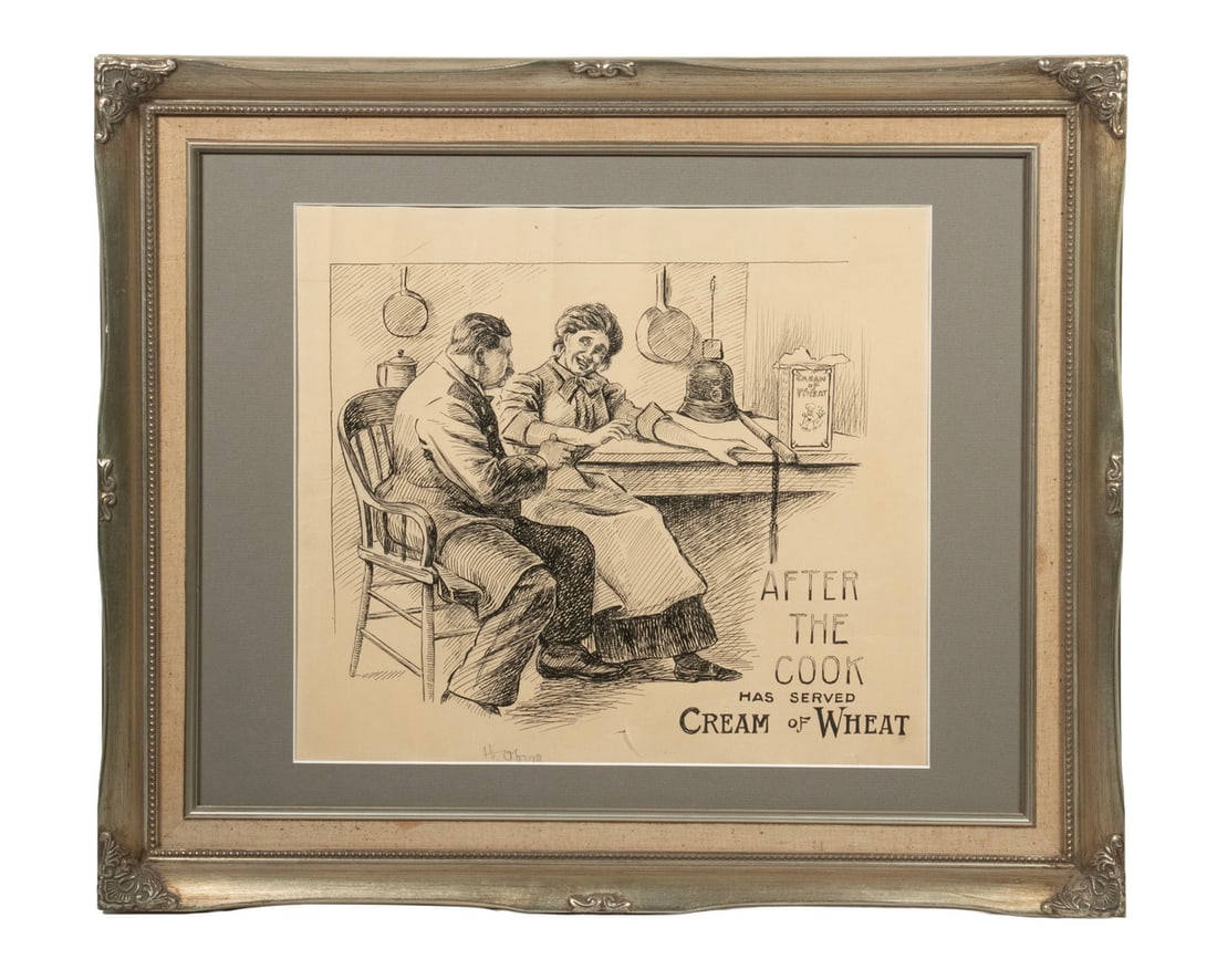 ORIGINAL 'CREAM OF WHEAT' ILLUSTRATION DRAWING: After the Cook has served Cream of Wheat, India ink drawing on paper, pencil signed 'Hobert' lower center, in matched-corner silver frame, matted, no glass, tear lower edge. OS: 20 x 24 in. (50.8 x 61