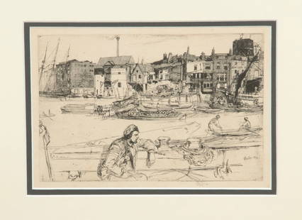 JAMES ABBOTT MCNEILL WHISTLER (MA/UK/FR, 1834-1903): Black Lion Wharf, executed in 1859, but not published until 1871 in "A Series of Sixteen Etchings of Scenes on the Thames and Other Subjects" (aka the "Thames Set"), etching on wove paper, signed and