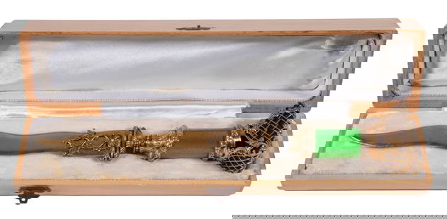 If yo RUSSIAN GILT SILVER & GUILLOCHE ENAMEL LETTER OPENER: Fancy Gem-Set Letter Opener, having green guilloche enamel handle ending with a faceted citrine stone, with an urn form hilt set with diamonds, unmarked, 9 1/2" long; in a fitted wooden presentation b