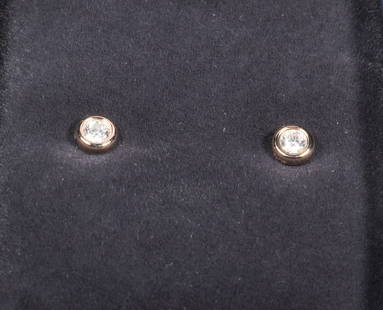 TIFFANY & CO. PR TIFFANY & CO. 18K GOLD DIAMOND STUD EARRINGS: Elsa Peretti design. Each bezel set 0.17 ct Diamonds in 18K gold, stamped 0.17 CT and AU 750; 1.2 dwt. tw. In original Tiffany box. Never worn. Original retail price $1,500.