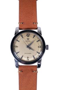 OMEGA AUTOMATIC SEAMASTER: Circa 1950s Omega Automatic Seamaster Men's Wristwatch. Round 34mm stainless steel case with screw caseback. Patinated dial with applied chevron indices and Omega logo. Arabic numerals at 12, 3, 6, an