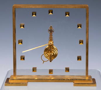 JAEGER-LE COULTRE MIDCENTURY SKELETON CLOCK: Swiss-Made 8-Day Table Clock, #354, 16-jewels, with Baguette movement, with gilt metal frame and raised stud hour markers, Plexiglas front and back panels, in original box with Certificate of Particul