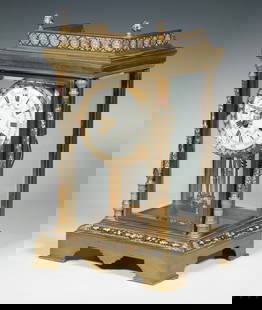 TIFFANY & CO. FRENCH ENAMELED CRYSTAL REGULATOR: Late 19th c. Mantel Clock by Japy Freres, retailed by Tiffany & Co., 8-day time and strike movement stamped with Japy Freres Medaille d'Honneur, with mercury pendulum and key, having a gilded brass fr