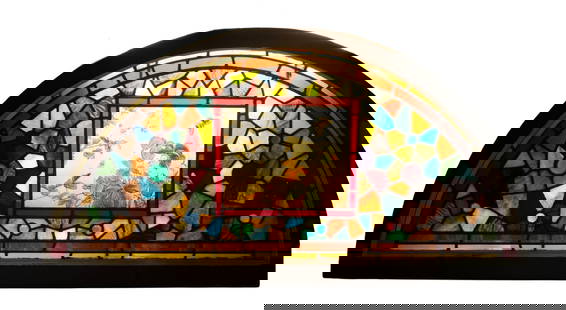 (2) VICTORIAN ENGLISH STAINED GLASS ENTRY FANLIGHTS: Circa 1880 Aesthetic period architectural polychrome leaded windows with Chinoiserie blossom & birds themed centers, one round and one rectangular, set into the overall "ice" pattern with jewels and b