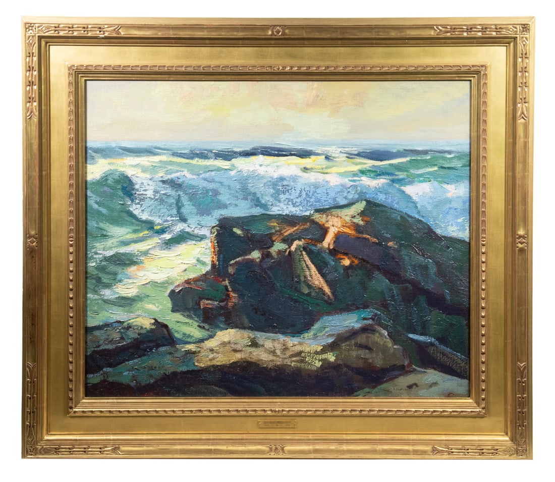 ABRAHAM JACOB BOGDANOVE (NY/ME, 1887-1946)`: Sunset at Lobster Cove, oil on canvas, signed lower right, labels verso from Spanierman Gallery of NYC. In a custom carved 22K gold Arts & Crafts matched-corner flat panel frame.From the estate of Lin