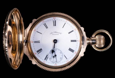 RARE AMERICAN WATCH COMPANY HUNTER CASE POCKET WATCH: In a heavy 14K multi-color gold 18-size hunter case, featuring a floral and squirrel design, set with tiny diamonds. Serial no. 4067976; light wear to the case, running condition.