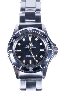 ROLEX VINTAGE STAINLESS STEEL SUBMARINER WRISTWATCH: Men's ca.1968 Rolex "Meters First" Submariner Stainless Steel Wristwatch, Ref 5513. 40mm stainless case with four rivet stainless Oyster bracelet, 7206 with clasp date 4/68. Bidirectional 60 minute be