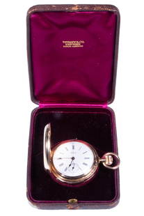 RARE TIFFANY. CO MINUTE REPEATING CHRONOGRAPH POCKET WATCH: In heavy 18-size solid 18K gold hunter case, fully jeweled movement, in fine running condition; housed in its original Tiffany & Co. box.