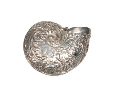SILVER SHELL FORM SNUFF BOX: Victorian Novelty Snuff Box, in the form of a turban shell, with raised scrolled decoration, unmarked, 1.23 ozt. 1 1/2 x 1 3/4 x 1 in. (3.8 x 4.4 x 2.5 cm.)