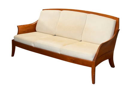 THOMAS MOSER 'WING' THREE PLACE SOFA: Cherry Framed Sofa with solid flared arms, square back and seat fitted cushions in Topos Performance Chenille by Knoll Textiles, color fresco upholstery, self-corded. Signed on underside: "Thomas Mose