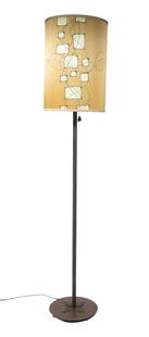 STUART LOTEN FLOOR LAMP WITH PAINTED SILK SHADE: Handcrafted Custom Floor Lamp, with painted silk shade, by Maine artisan Stuart Loten; having a floral design stem and base crafted in copper and bronze patinated steel, the shade painted with an abst