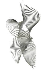 JEROME KIRK (CA/MI, 1923 -): Waver, mobile hanging sculpture, aluminum, stamped on edge "Ken, 19/12/98, JK", probably a maquette for a larger sculpture, a development from his 'Wave' series, 1977-80. Good condition. OS: 18 x 11 x