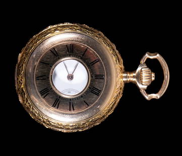 BREGUET 18K GOLD DEMI HUNTER CASE POCKET WATCH: 16-size Demi Hunter case with spiral Breguet 15 jewel movement and heavy 18K Gold oak leaf design case. Inscribed inside dust cover: "Spiral Breguet compensation. Ligne Droite 15 rubies remotoir nicke