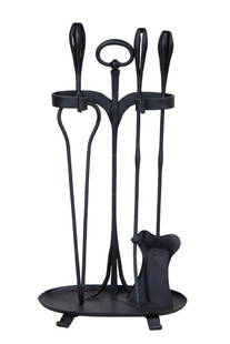 GUSTAV STICKLEY #138 IRON FIREPLACE TOOL SET: (4) Piece Set of Ca. 1905 Hand Forged Iron Tools, designed by Gustav Stickley (1858-1942), unsigned, including: Stand with top handle, oval pan, and scrolled feet. Poker, 30" long; Tongs, 30" long; an