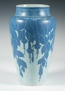 CAMEO CUT VASE BY EKBERG FOR GUSTAFSBERG, 1910: Fuschia, in blue and white cameo cut decoration, high-shouldered with broad rim, with factory mark, signed and dated on underside by decorator J. Felsberg.Gustafsberg's Porcelain Factory is Sweden's l