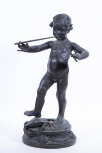 JANET (NETTA DEWEEE FRAZEE) SCUDDER (IN/IL/MA/FRANCE, 1869-1940): Young Pan Piping on the Beach, cast and patinated bronze, signed on the right side of the upper rim of the plinth, which features a large crab under his descending foot and a rank of shells with folia