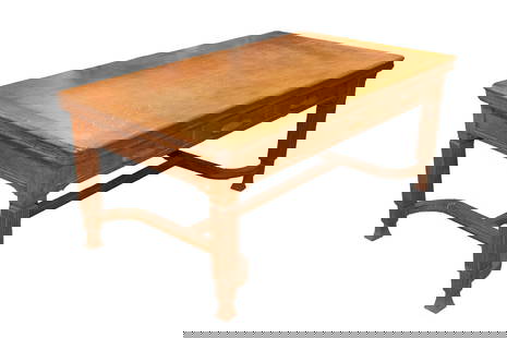 CIRCA 1900 ARTS & CRAFTS OAK LIBRARY TABLE: Large Quartersawn Golden Oak Rectangular Table, having a reeded frieze with six drawers (three on each side), each with wooden pull and escutcheon, set on reeded square legs, H-shaped central stretche