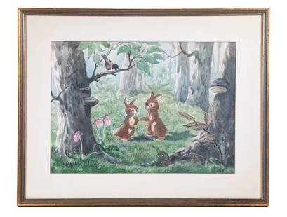 MAURICE 'JAKE' DAY (ME/CA, 1892-1983): Who Me?!, depicting two rabbits flirting in a forest meadow, watercolor on board, signed lower left, titled verso and marked 'Damariscotta, Me', in gold molded stick frame, matted under glass. OS: 18