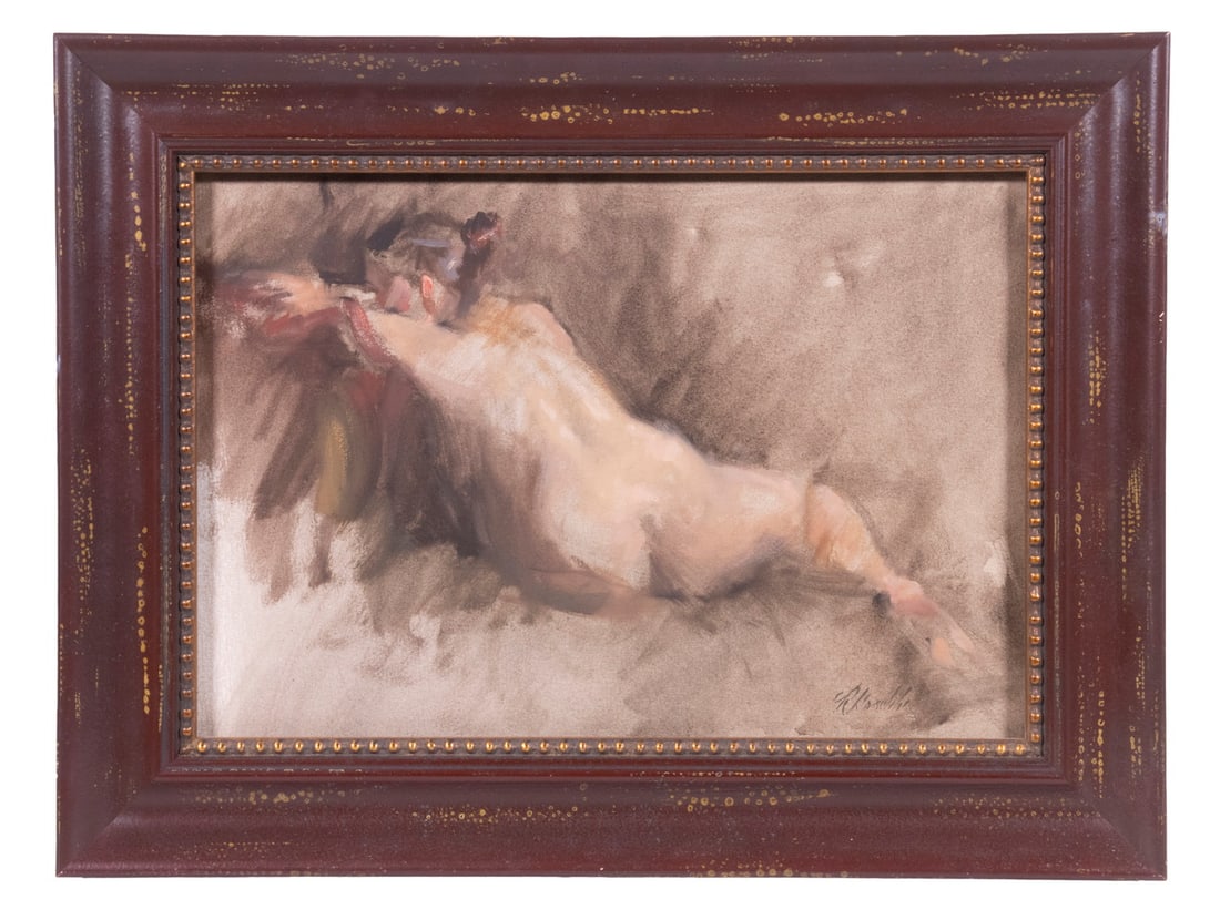 ROBERTA GOSCHKE (ME/DC, 1954 - ): Seated Nude Turning, mixed media on paper, signed lower right, in antiqued oxblood molded frame with gold beaded liner, under UV plexiglass, OS: 13 1/2" x 18", SS: 9" x 13 1/2". Hight: 9 x 13 1/2 in.