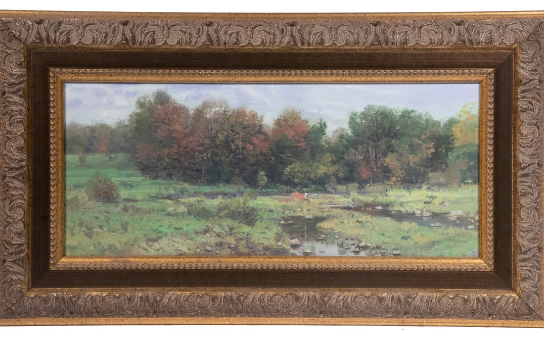 ANN LOFQUIST (PA/CA, 1964 -): Fall Landscape with Stream, oil on panel, signed and dated '97 lower right, with 1999 gift inscription verso, in gold and faux walnut frame.From the Estate of Bowdoin Professor William Collins Watters