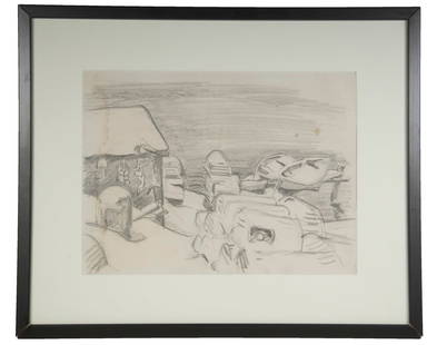 EMILY MUIR (ME/NY, 1904-2003): Untitled (traps and boats in snow), graphite on paper, unsigned, in narrow black box frame, matted under glass. Includes Aug 2002 COA from Sally Macvane of Gallery-by-the-Sea in Port Clyde, Maine.From