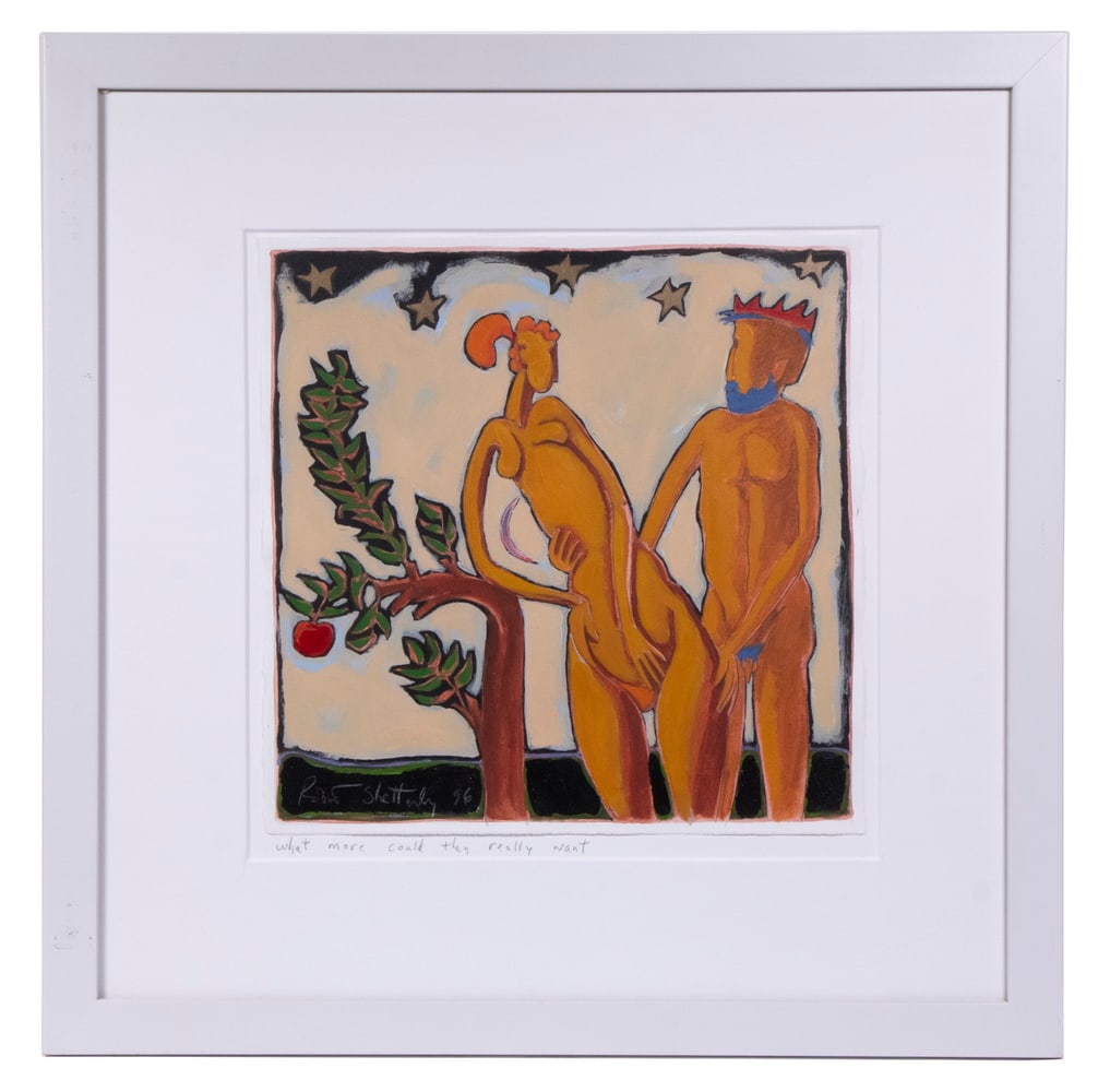 ROBERT SHETTERLY (ME, 1946 -): What More Could They Really Want, acrylic on paper, signed and dated '96, titled on mount, in white box frame, floated on mount within mat, under plexi. Label verso from Between the Muse Gallery in Ro