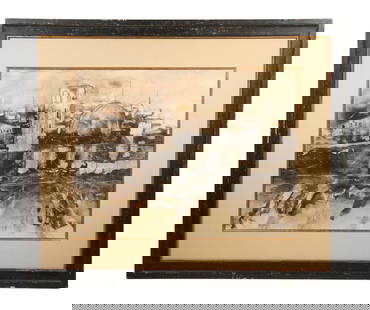 WILLIAM 'BILL' THON (ME/NY/ITALY, 1906-2000): Skyline of Florence, mixed media on paper, ink and watercolor, signed lower left, in walnut molded black panel frame, matted under UV glass. Thon spent 1947 at the American Academy of Rome and returne