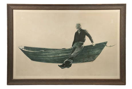 ANDREW WYETH (PA/ME, 1917-2009): Young Fisherman and Dory, 1966, lithograph, published by Farnsworth Museum, Rockland, Maine, in weathered wood frame, under museum glass. OS: 25 1/2 x 37 1/2 in. (64.8 x 95.3 cm.) SS: 20 x 32 in. (50.