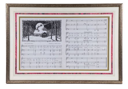 ANDREW WYETH (PA/ME, 1917-2009): Sheet Music in pen and ink by the 17 year old artist, depicting Santa flying in to land in front of the Wyeth home in Chadds Ford, Pennsylvania, dated 1934. The arrangement for "Twas the Night Before