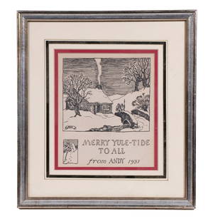 ANDREW WYETH (PA/ME, 1917-2009): Christmas Card by the 14 year old artist, depicting a cottage under snow, captioned "Merry Yule-Tide to All from Andy, 1931", in gilt stick frame, matted under glass. OS: 11 x 10 in. (27.9 x 25.4 cm.)