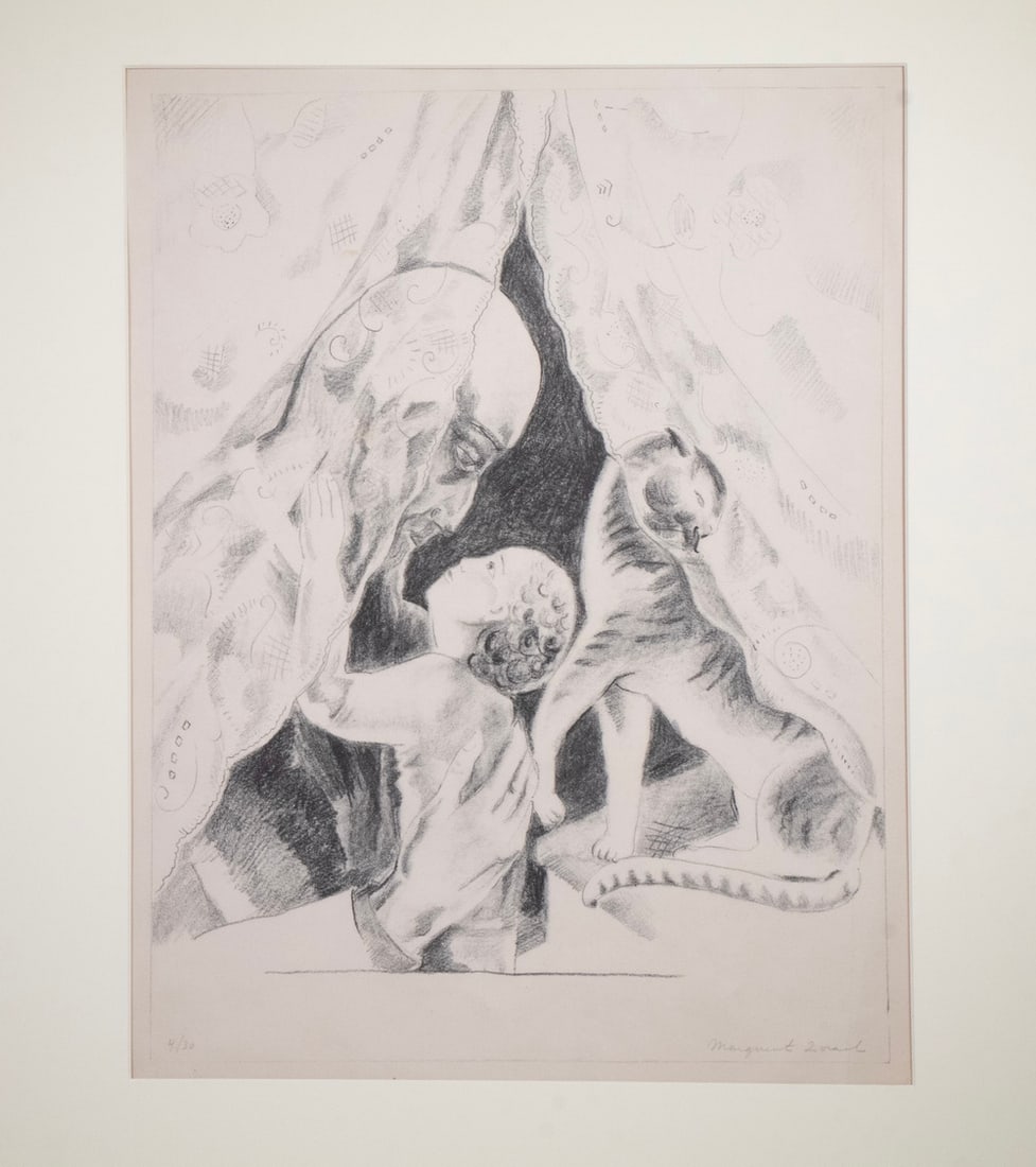 MARGUERITE THOMPSON ZORACH (NY/ME/CT, 1887-1968): Old Man, Child and Cat, lithograph, signed, dated 1931, numbered 4/30. 23" x 16" sheet, 17 1/2" x 12 3/4" image, inscribed in pencil lower right margin "A Merry Christmas to Doris & Gerard Hellman, fr