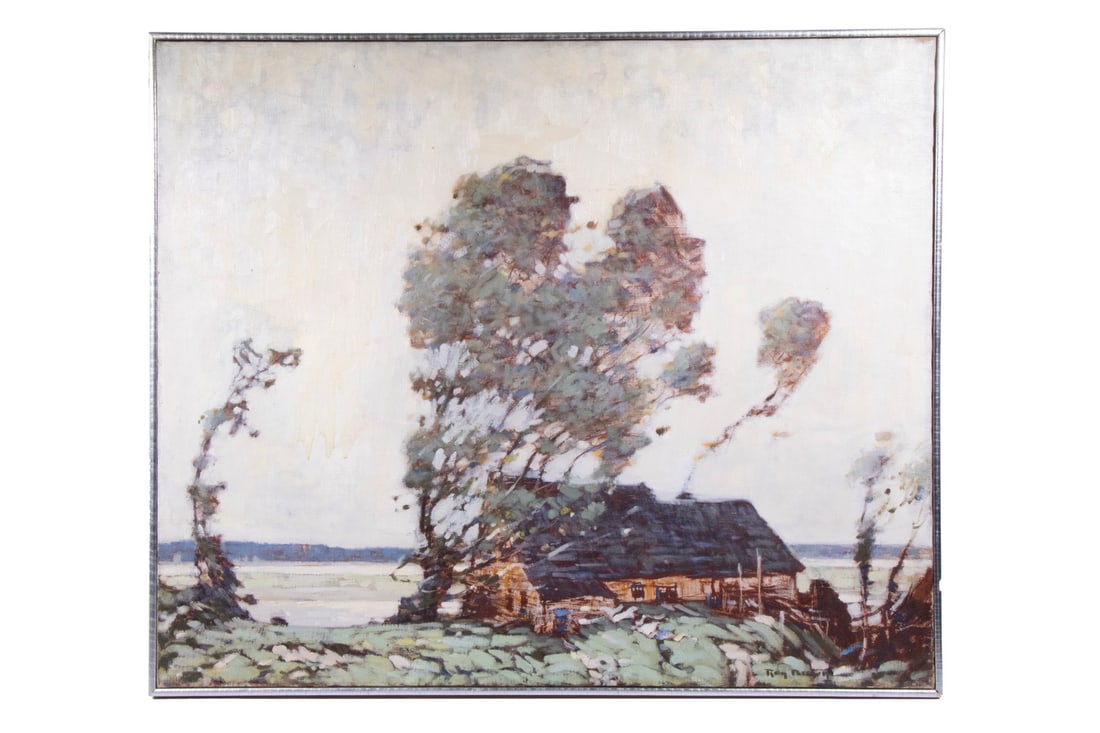 ROY BROWN (NY/NH/IL, 1879-1956): Windy Day, oil on canvas, signed lower right, titled and signed verso, along with address of 45 Washington Square, New York, in slat frame with chrome edge. OS: 25 1/2 x 30 1/2 in. (64.8 x 77.5 cm.) S