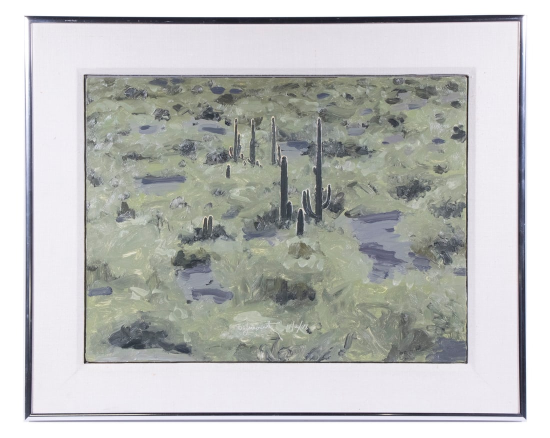 JOEL JANOWITZ (NY, 1945 -): Saguaro Stand, a desert landscape, oil on hardboard, signed and dated 11/2/76 lower center, titled verso, also on label verso from Harcus-Krakow Gallery of Boston. Portia Harcus formed a partnership i