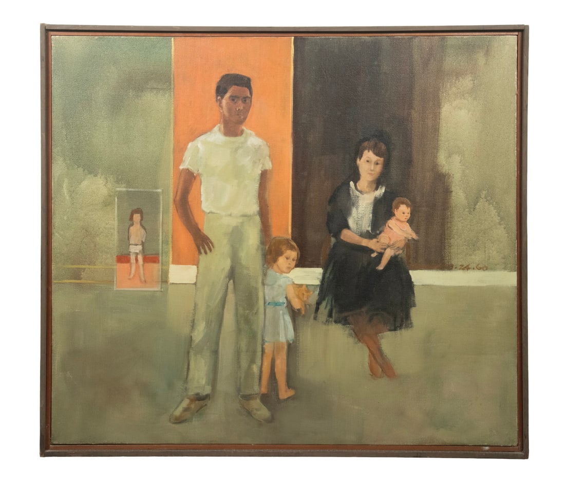 JEAN SEIDENBERG (LA/FL, 1930-2022): Family Group, 1960, oil on canvas, signed and dated center right, titled and dated verso, competition label from MOMA, "Recent Painting USA The Figure" with original price of $400. In pine and black s