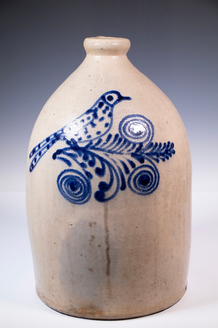 STONEWARE JUG WITH BIRD & SCROLL DECORATION (1 of 3)