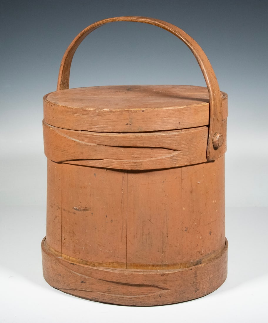 19TH CENTURY PAINTED FIRKIN IN SALMON RED WITH BAIL HANDLE (1 of 1)