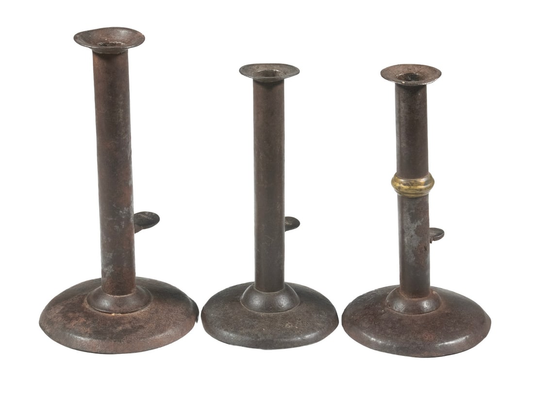 (3) EARLY ARTISAN SIGNED HOG SCRAPER CANDLESTICKS (1 of 3)