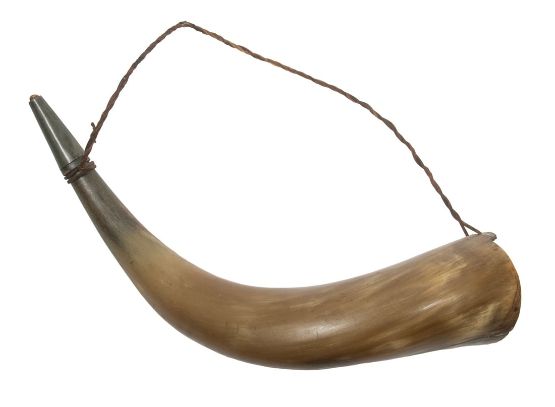 POWDERHORN OF SAML. MORISON, 1799: POWDERHORN OF SAML. MORISON, 1799 Twisted narrow spout horn, nicely polished, with patina, inscribed on wooden butt inset by the owner under glass. Woven rawhide cord may be original. From the estate