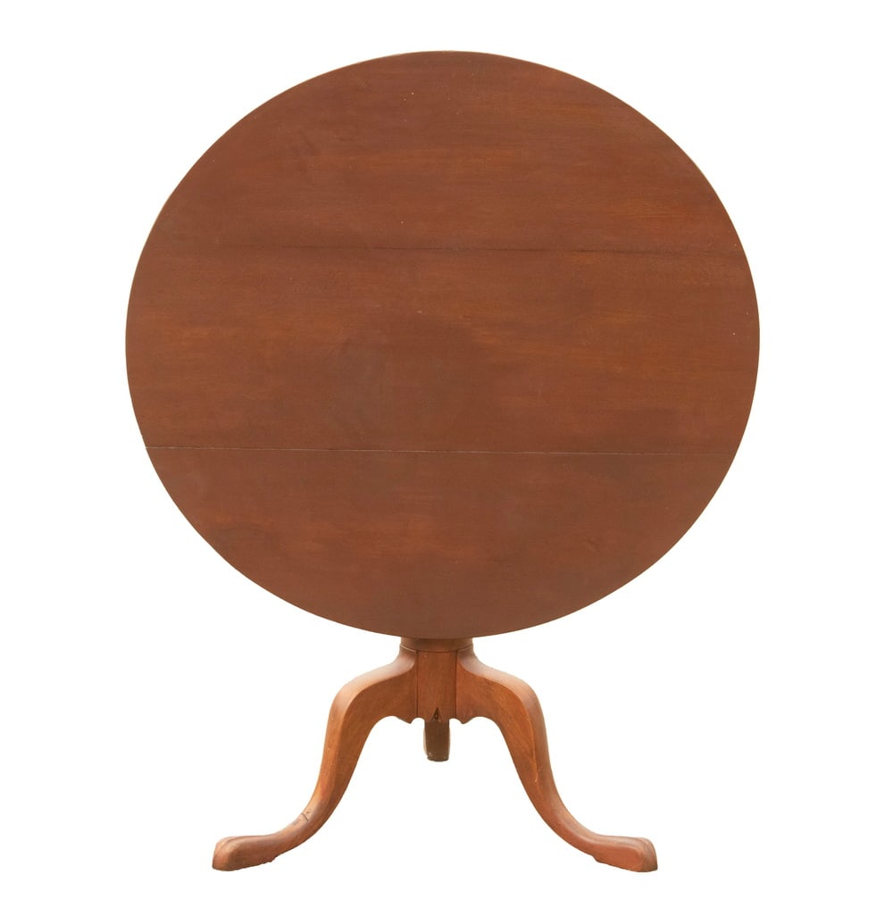 CHIPPENDALE ROUND TILT-TOP TEA TABLE, CIRCA 1800: CHIPPENDALE ROUND TILT-TOP TEA TABLE, CIRCA 1800 Red Stained Tea or Luncheon Table, with 34" round top, retaining original brass latch, boldly turned urn stanchion, resting on three arched legs ending