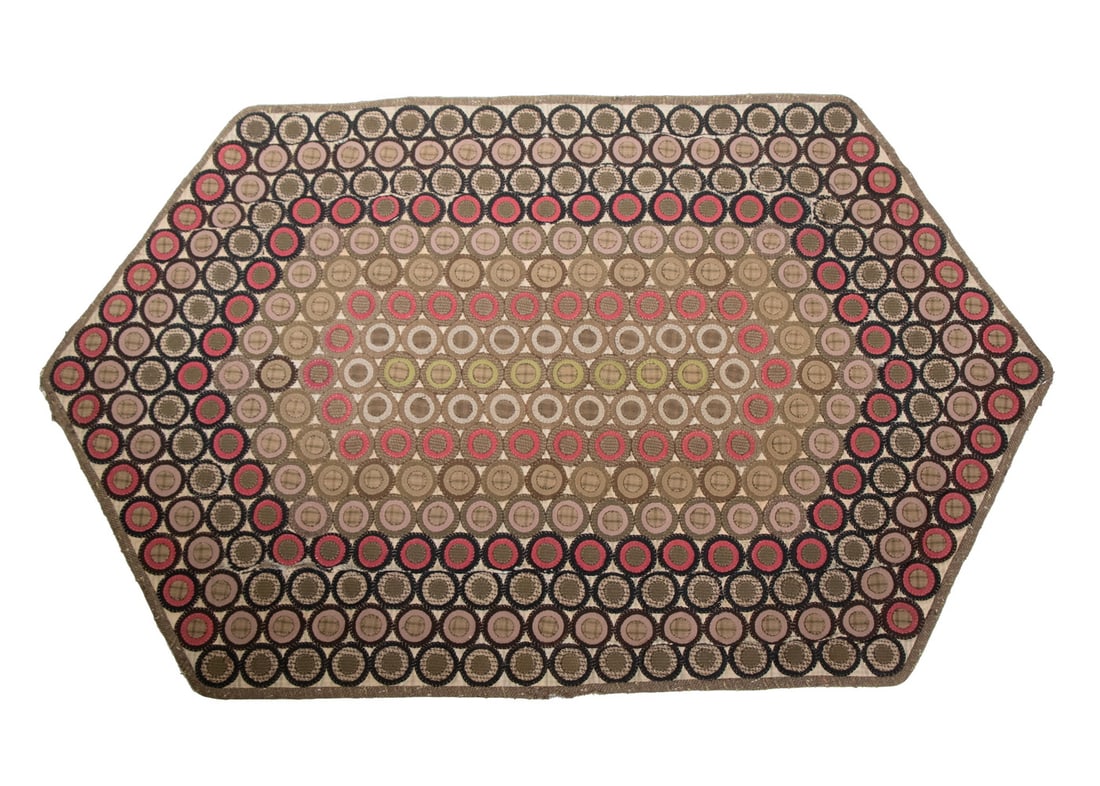 PENNY APPLIQUE MAT, CIRCA 1890, 30" x 48". (1 of 3)