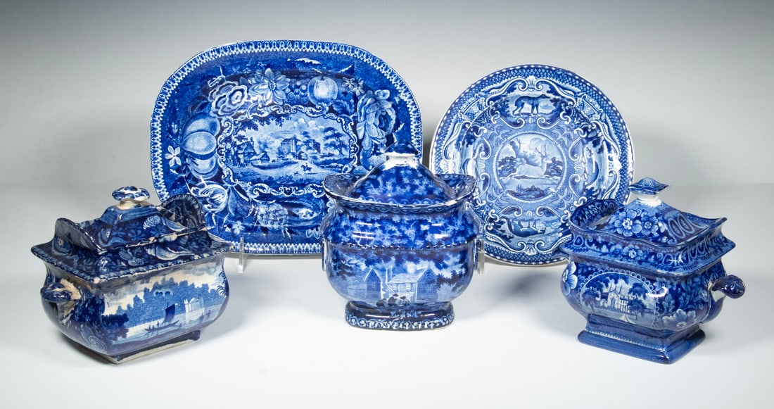 (5) PIECE EARLY 19TH CENTURY ENGLISH STAFFORDSHIRE BLUE AND WHITE TRANSFERWARE COLLECTION (1 of 4)