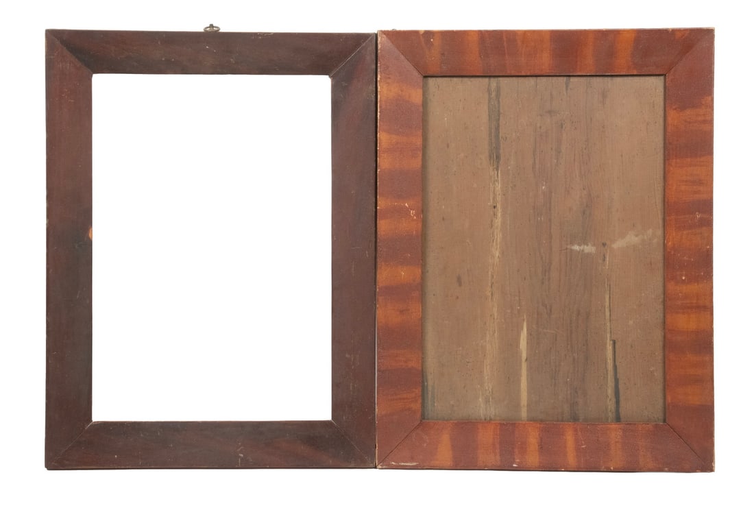 (2) 19TH C. RED PAINTED MITERED FRAMES: (2) 19TH C. RED PAINTED MITERED FRAMES Same sized, both in faux graining, one in crossgrain, the other in faux figural mahogany. From the estate of Larry and Jean Dubord. Size: OS: 17 x 13 in. (43.2 x