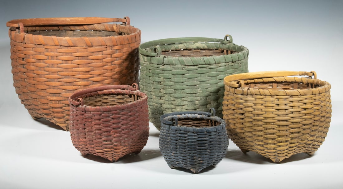 NEST OF (5) PAINTED CAT HEAD BASKETS, LIKELY SHAKER (1 of 2)