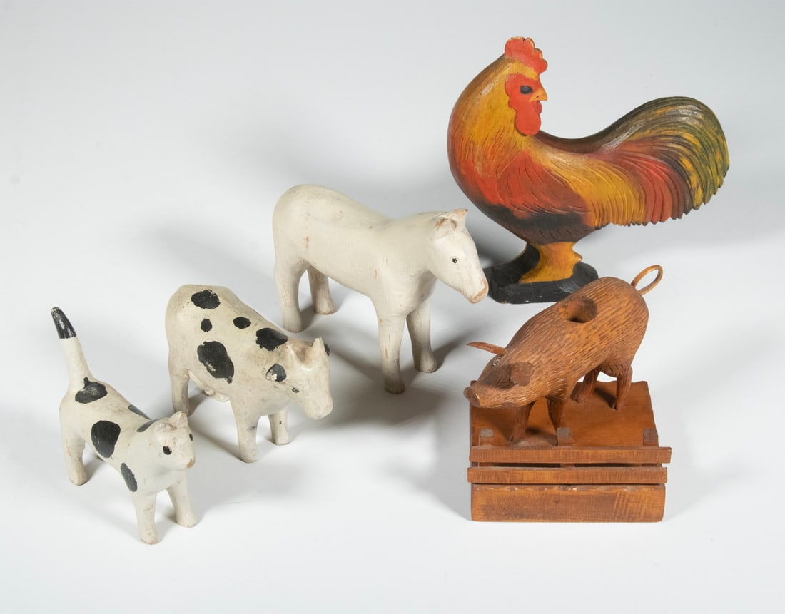 (5) EARLY 20TH C. FOLK ART CARVED FARM ANIMALS (1 of 2)