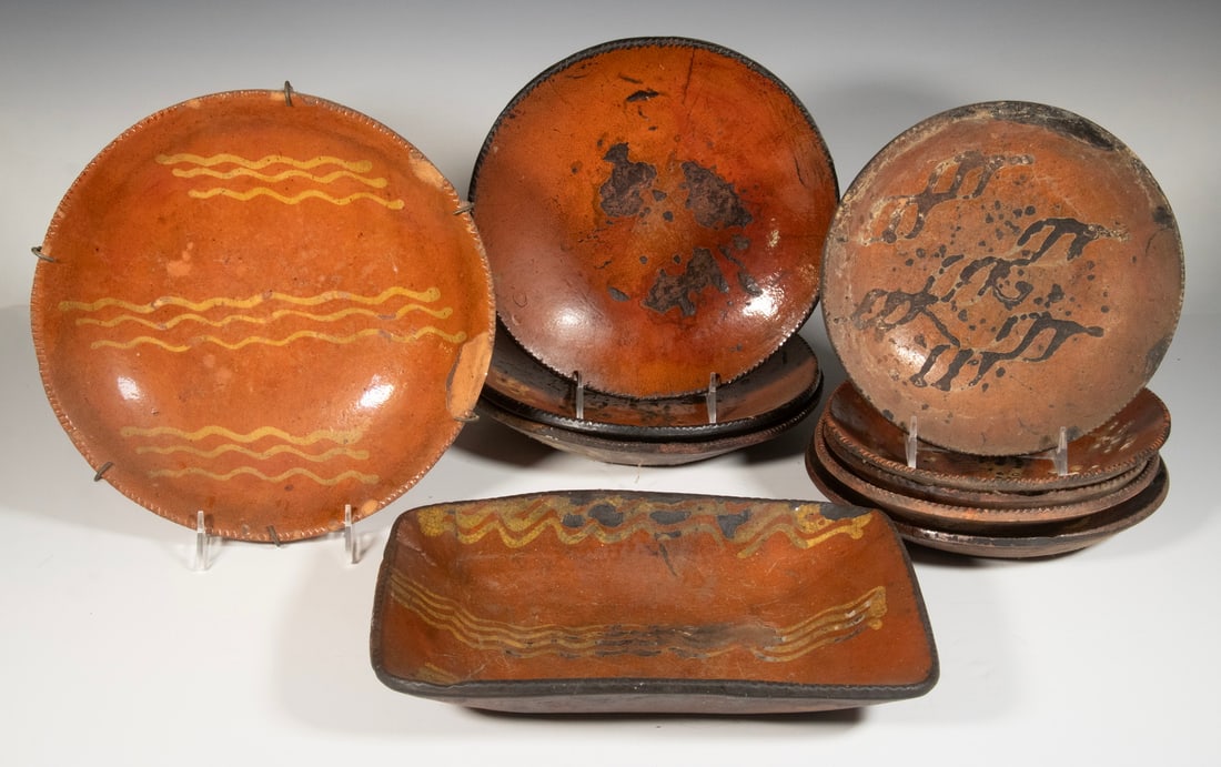 (10) 18TH CENTURY AMERICAN REDWARE SLIPWARE DECORATED PLATES (1 of 3)